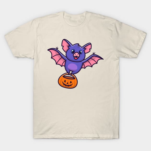 Cute Bat With Pumpkin Halloween Cartoon T-Shirt by Catalyst Labs